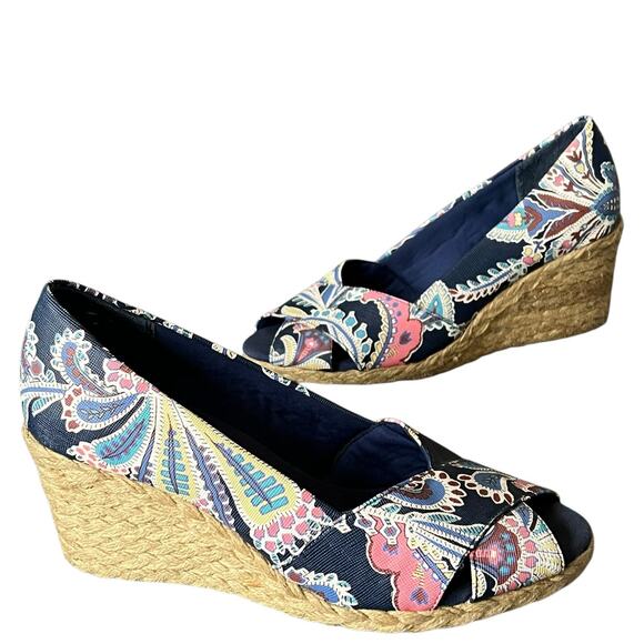 Chaps Espadrille Wedges Women 7.5 Blue Floral Slip On Peep Toe Shoes Boho Resort - Picture 1 of 12